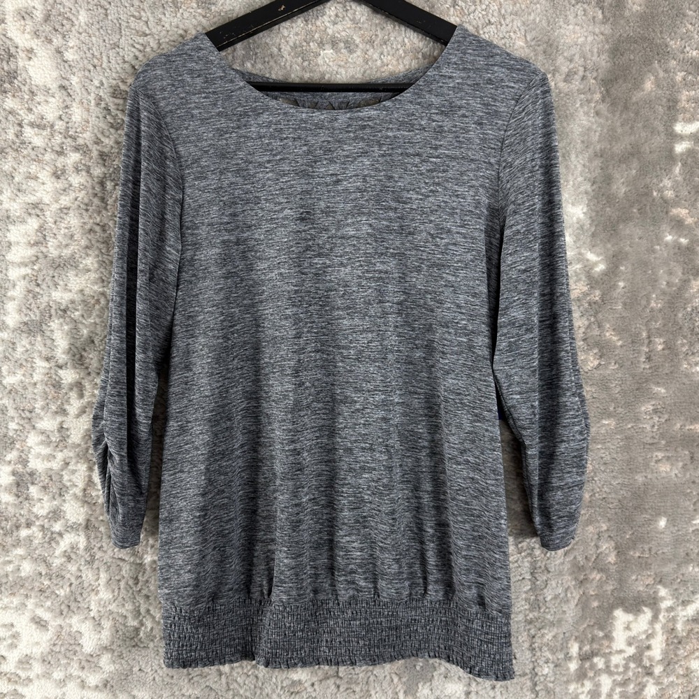 New Apt. 9 Size M Lattice Back Smocked Hem Space Dye Top Silver 3/4 Sleeve Women
